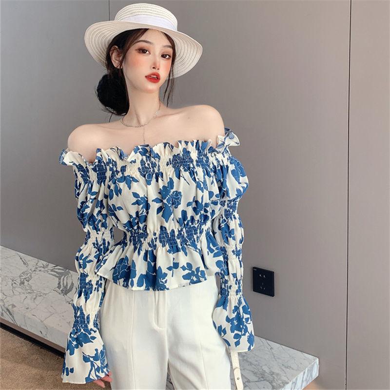 Květinová šifonová košile Dámská halenka S odhalenými rameny Volány Dlouhý rukáv Top Sladká Sexy Elastický pas Zvonový rukáv Jednoduchá Ležérní Letní