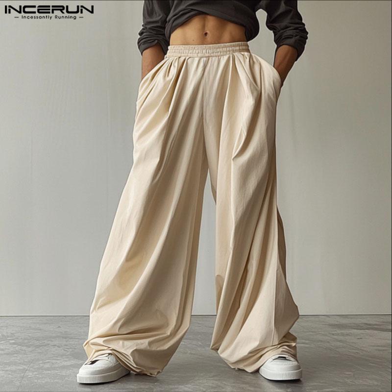 INCERUN Men Casual Loose Elastic Waist Long Wide Legs Pants Trousers