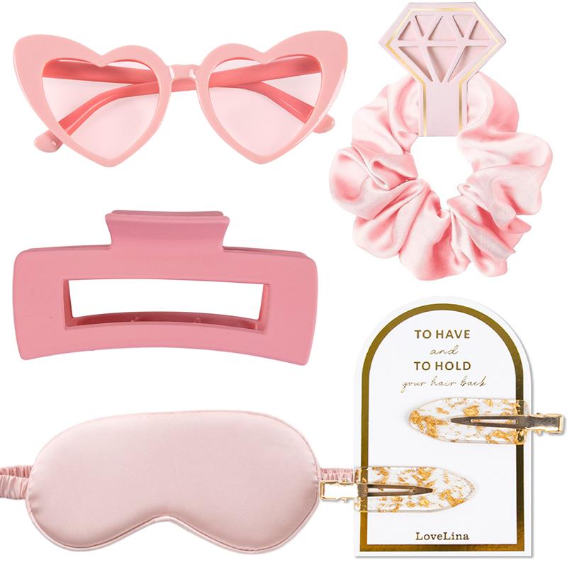 

5 шт./компл., подарок на девичник, девичник, заколка для волос, солнцезащитные очки в форме сердца, резинки для волос, атласная маска для глаз, свадебный подарок для подружки невесты