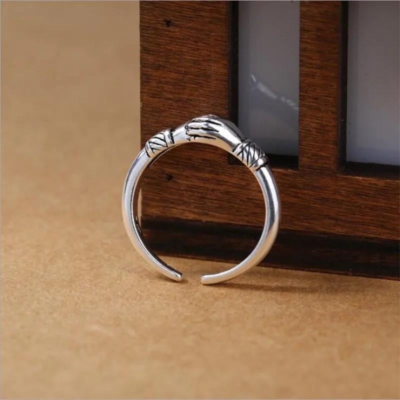 Real 925 Sterling Silver Love Ring Hand In Hand Opening Rings For Women Anel Gift