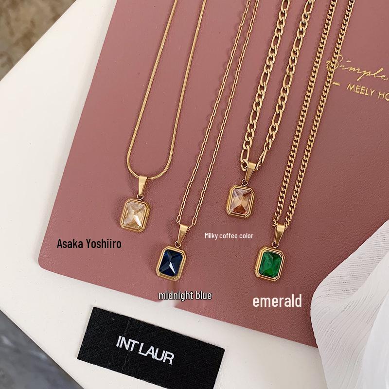 Blue-Green Champagne Gemstone 18K Plated Titanium Steel Retro Necklace - Trendy European American Style for Women and Couples.