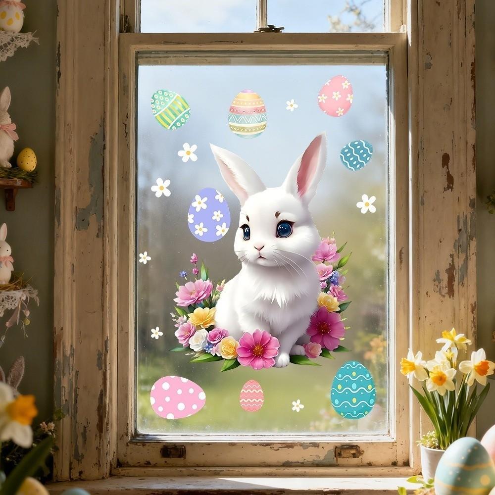 Self-Adhesive Flower Rabbit Sticker Easter Festival Party Sticker New Wall Decal  Glass Decoration