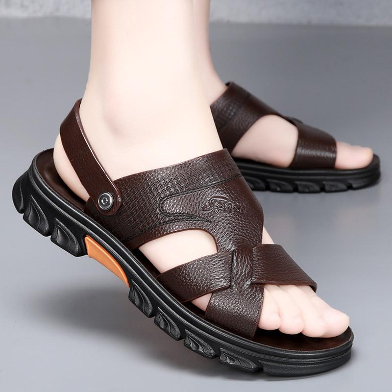 Fashion Men Summer New Top Layer Cowhide+latex Pad Beach Shoes Adult Thick-soled Soft Sole Beach Shoes Non-slip Open-toe Leather Sandals