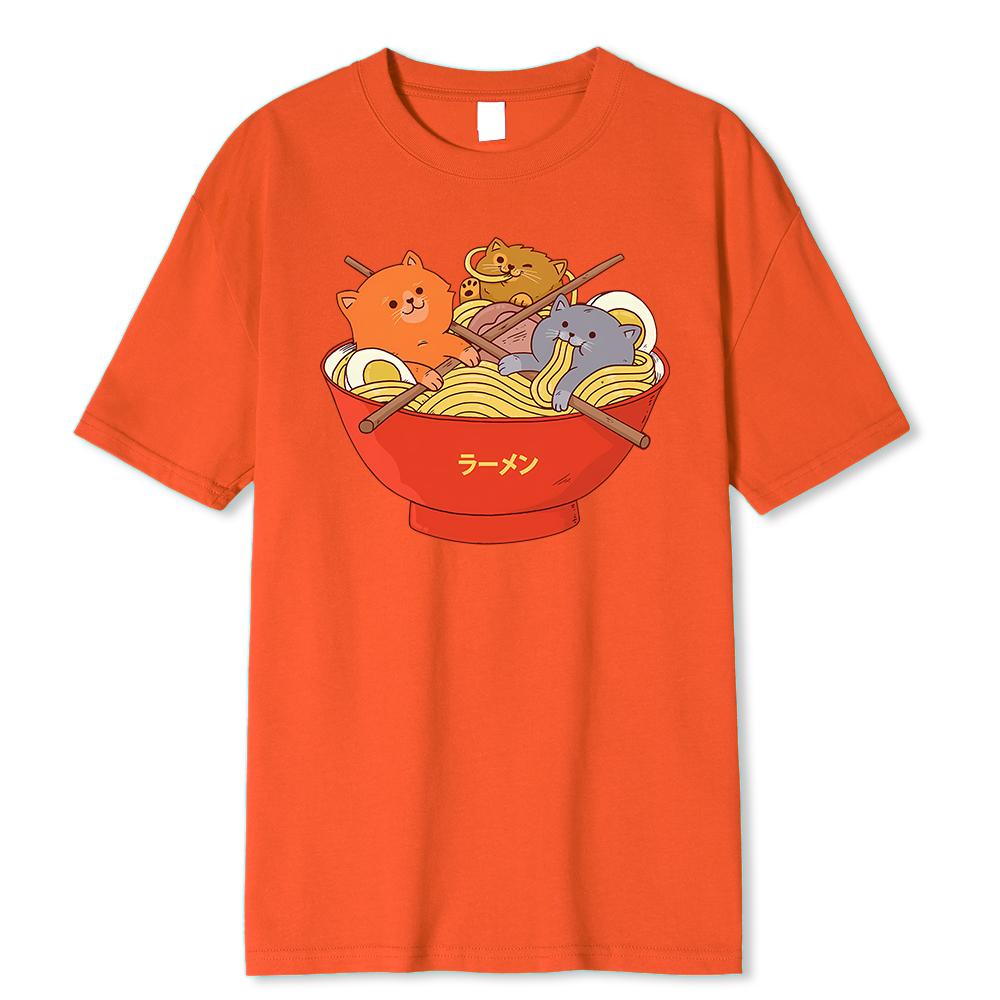Japanese Style Cute Cats In Noodies Bowl Printed T Shirts Men Breathable Loose Clothing Casual Tshirt