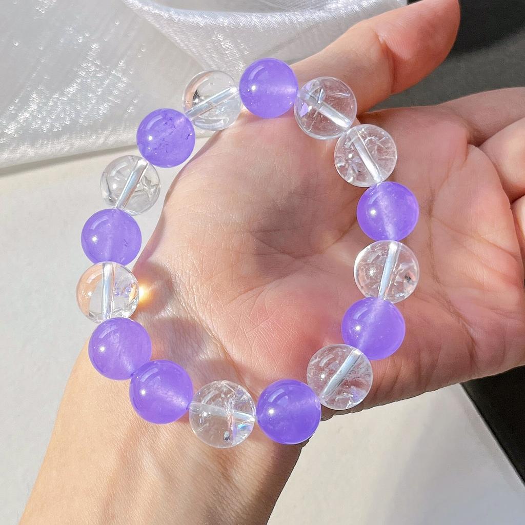 12Mm Large Grain Violet Quartz Rock Natural White Crystal Contrast Color Design Bracelet Bracelet
