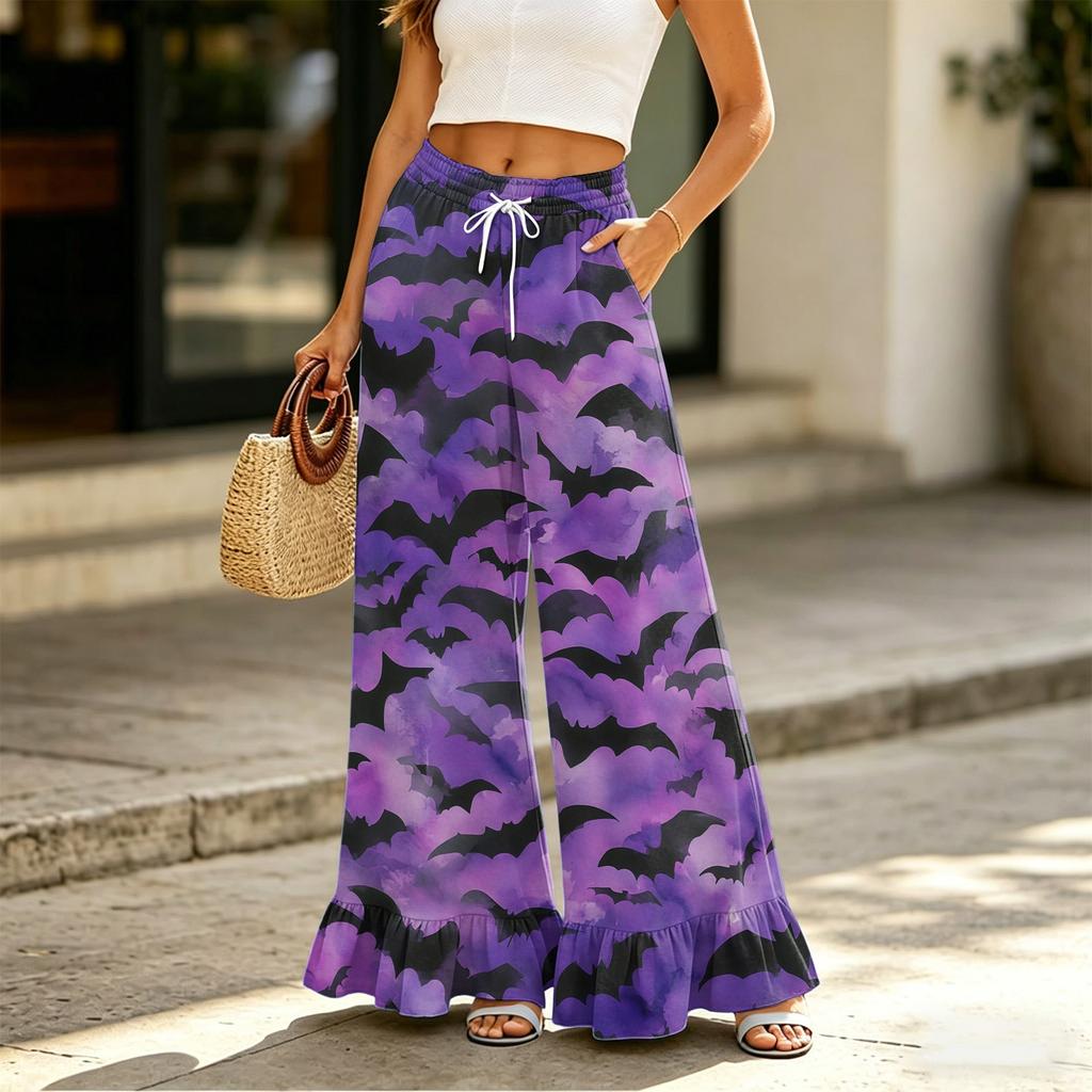 Women's High Waist Drawstring Wide Leg Pants with Pockets, Halloween Print Casual Trousers