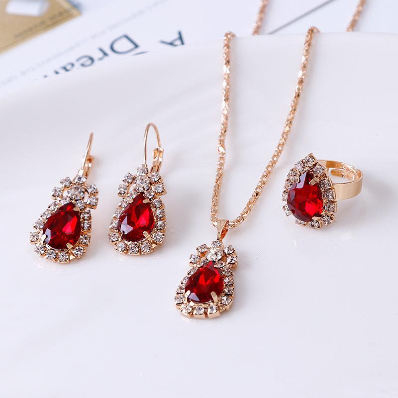 Fashion Waterdrop Shiny Rhinestones Necklace Ring Earrings Women Jewelry Set