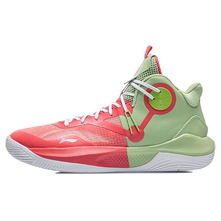 Li Ning Sonic 9 Team Basketballschuhe Herren Mittelhoch Zartes Fruchtgrün/Helles Orangerot ABPR017-4
