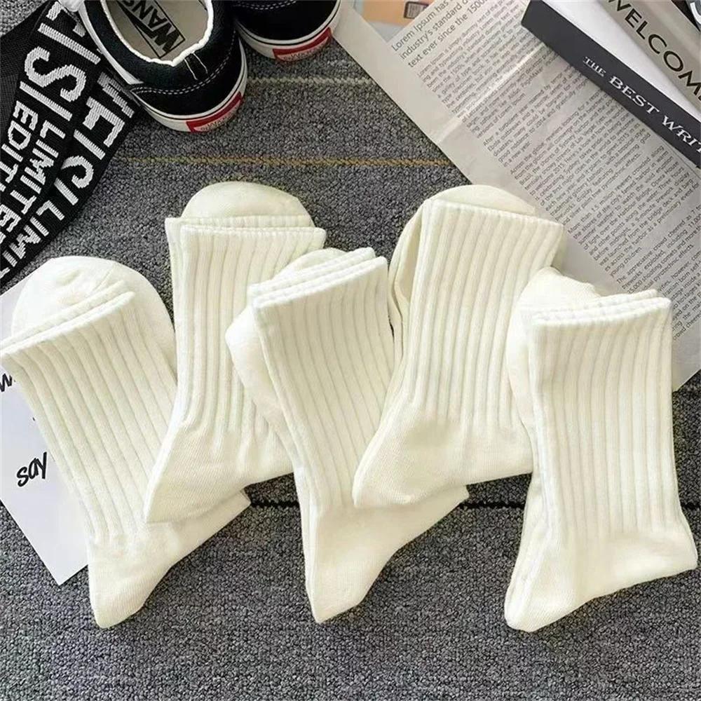 5 Pairs Mid Tube Polyester Cotton Women Socks Pack Set Japanese Fashion Solid Color Girls Vertical Stripes Socks