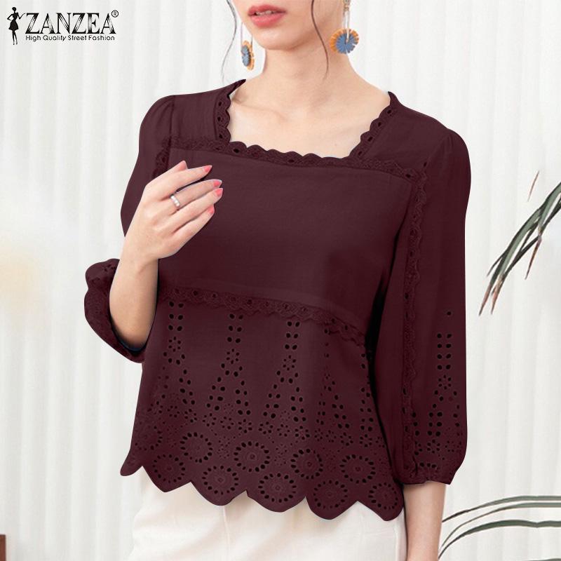 ZANZEA Women Square Collar Summer Hollow Embroidered Casual 3/4 Sleeve Blouse
