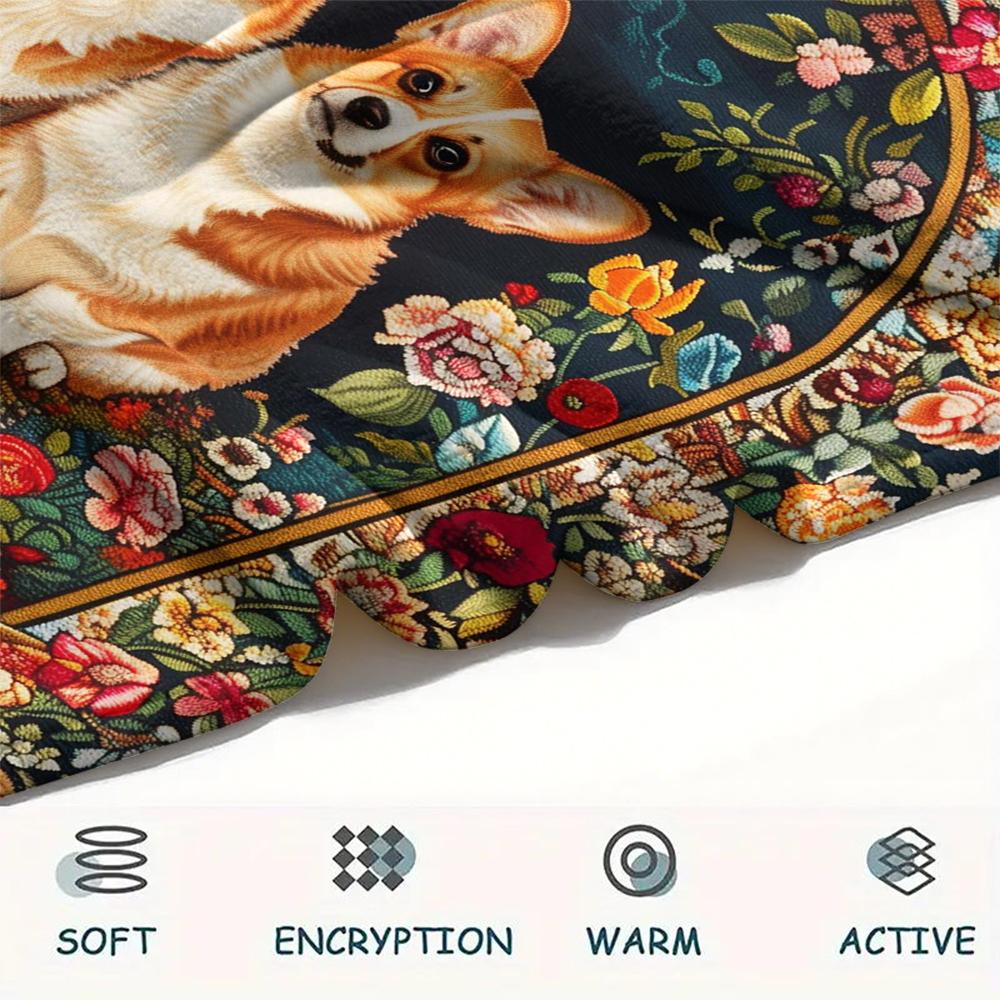 1Pc Floral Dog Print Flannel Blanket, High quality Comfortable for All Seasons, Home Decor, Warmth and Comfort, Perfect for Christmas Gifts