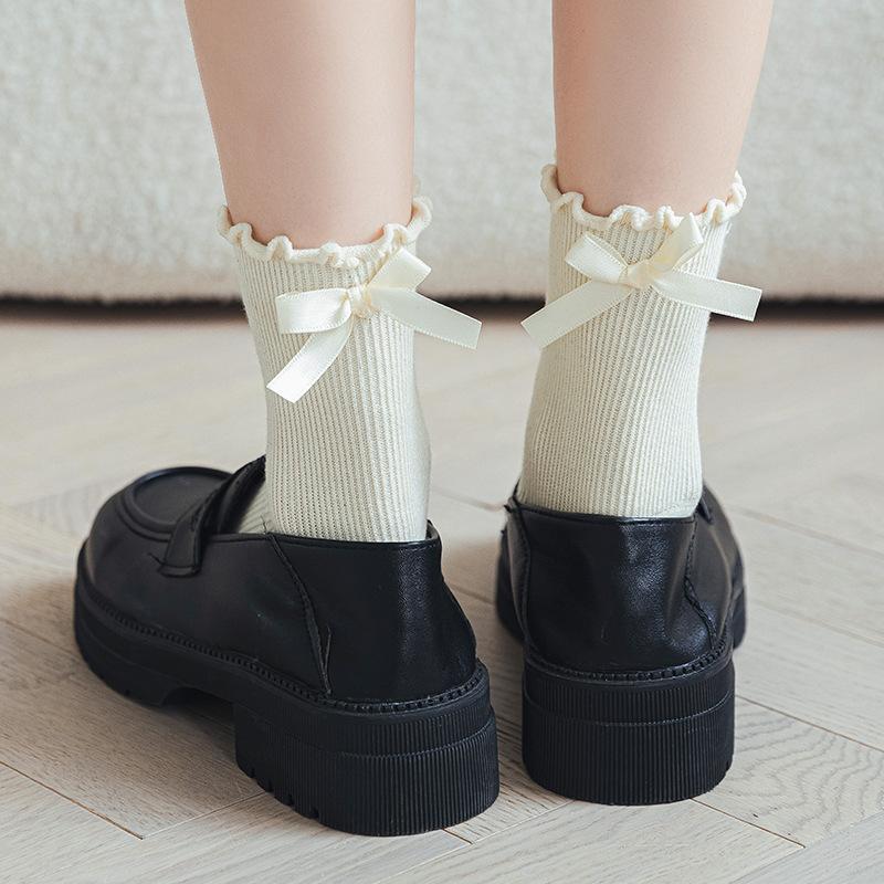 Japanese JK Sweet Bowknot Tied Middle Tube Socks Women Heel Bow Socks Casual Black White Pile Socks Girls Sports Cotton Socks