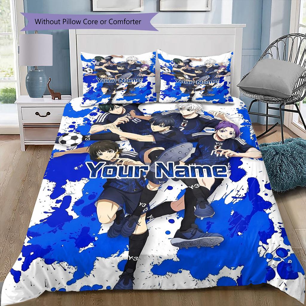 Blue Lock Soccer Custom Name Pattern Bedding Quilt Set Quilt Cover Pillowcase Home Birthday Gift(1 * Duvet Cover + 2 * Pillowcase, Without Core)