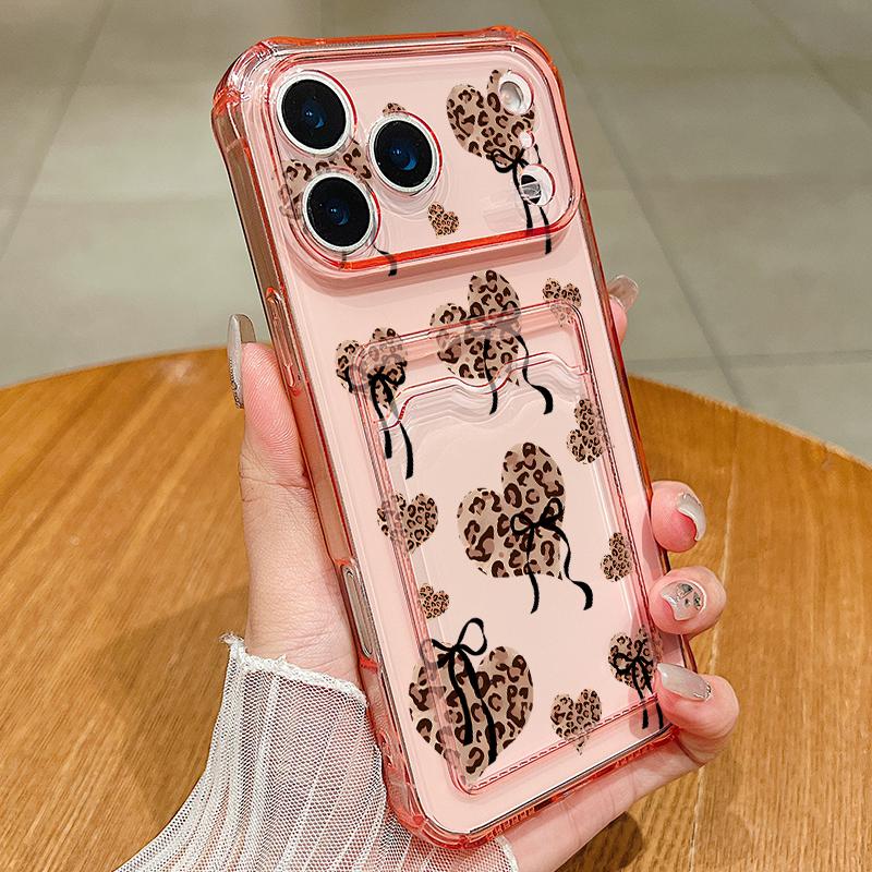 Card Slot Pocket TPU Case For iPhone 17 Pro Air 16e 16 15 14 13 Pro Max 12 11 Leopard Print Love Heart Pattern Soft Phone Cover