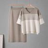 Womens Knit Stripe V-Neck Short Sleeve Top Midi Skirt Set Casual Outfit