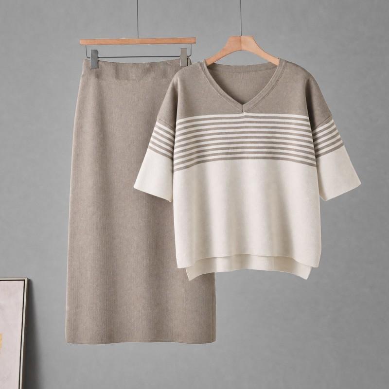Womens Knit Stripe V-Neck Short Sleeve Top Midi Skirt Set Casual Outfit