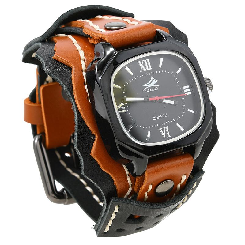 Punk Rock Style Men'S Quartz Watch - Hand-Stitched With Triple-Layer Leather Strap