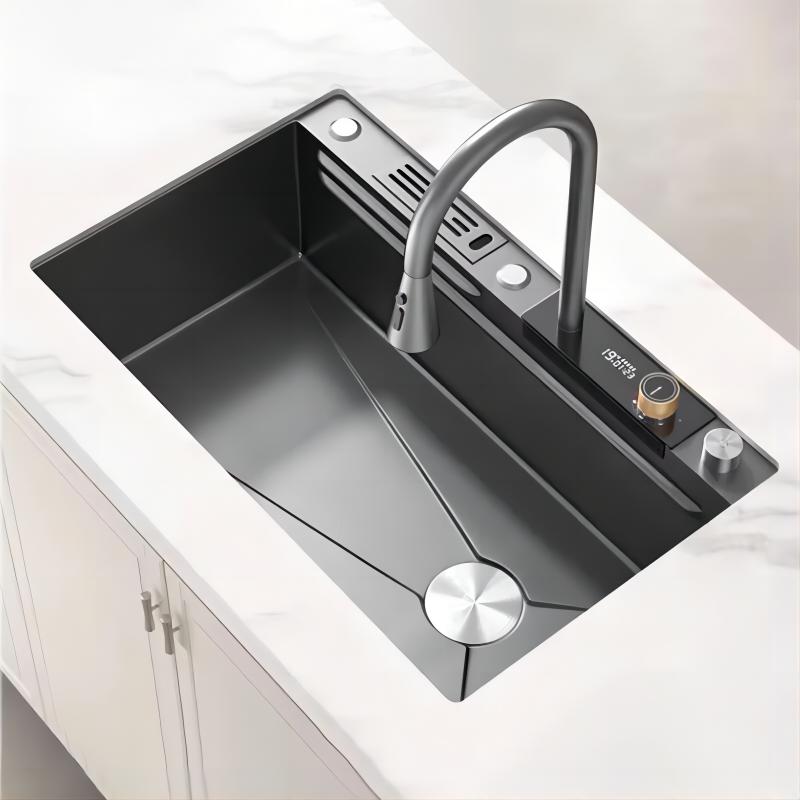 Embossed Honeycomb Flying Rain Waterfall Sink Handmade Kitchen 304 Stainless Steel Large Single Slot Vegetable Wash Basin Sink