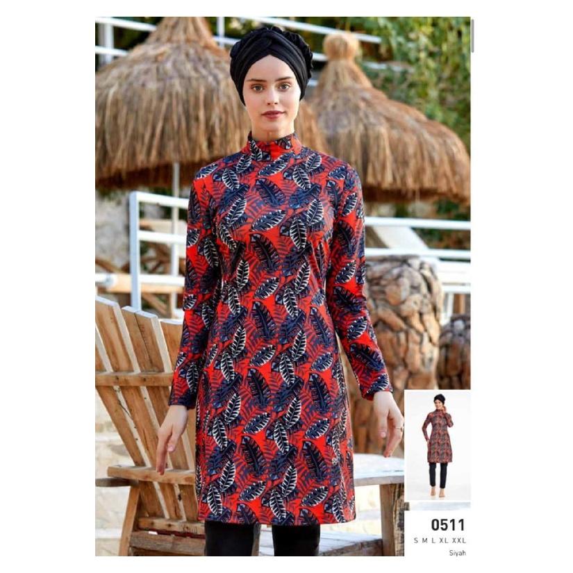 Todelt muslimsk dame beskjeden badedrakt med bladtrykk for sjøen, sett med badedrakt med full dekning, strandtøy, burkini badedraktsett, flerfarget valg (ikke hodeskjerf