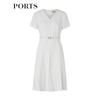 PORTS Women's Solid Short Sleeve V-Neck Belted Midi Dress