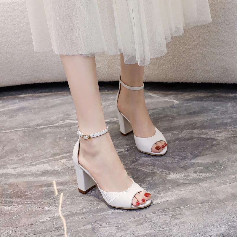 White High Heels Thick Heel Snake Pattern Stitched Sexy Open Toes Not Tired Feet One Word Buckle Women's Sandals Wedding Shoes Wedding Shoes