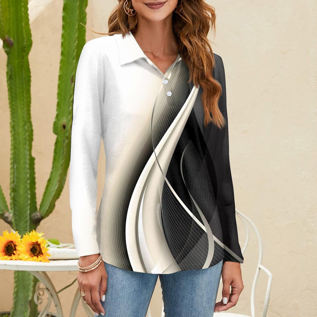 Dámská módní potištěná košile s knoflíkovým límcem, výstřihem do V a dlouhým rukávem, volná košilová halenka