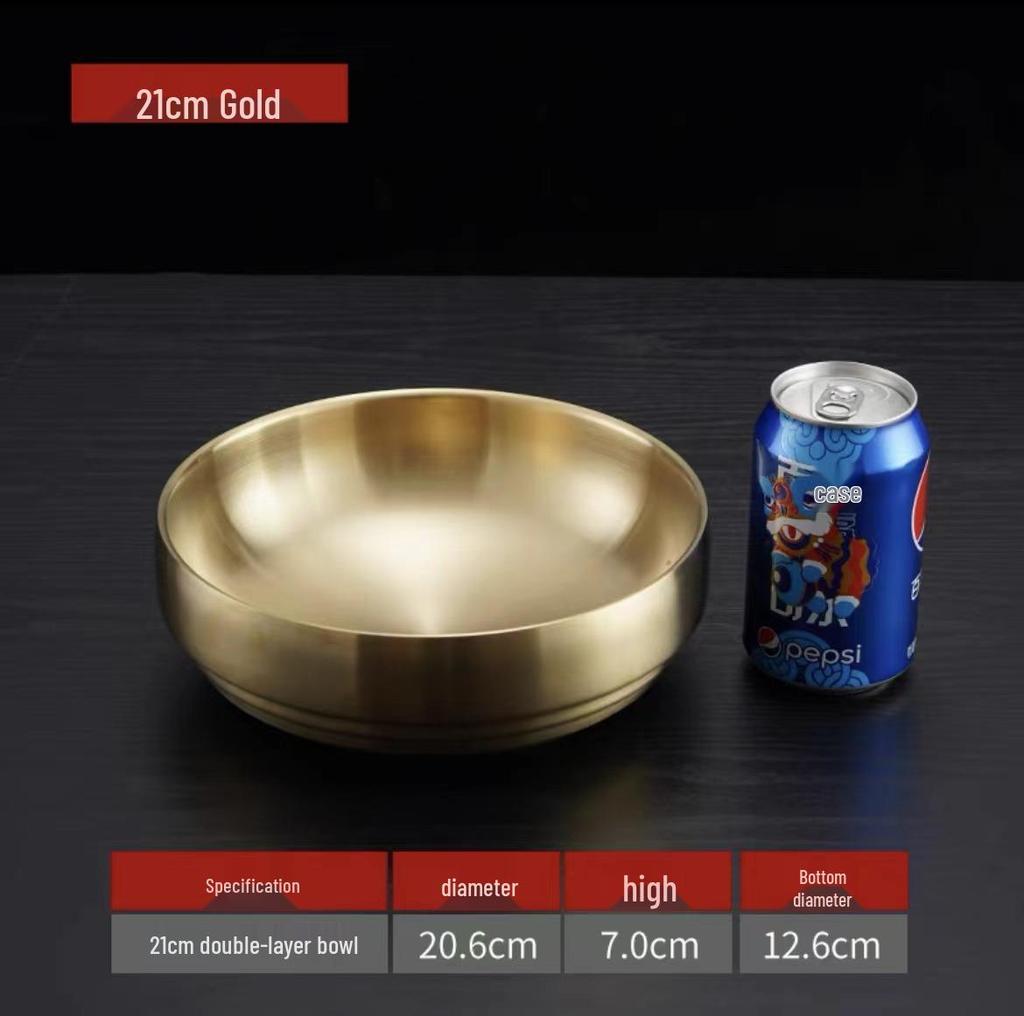Gold Stainless Steel Double-Layer Bowl for Ramen, Bibimbap, Soup, Luosifen, Salad, and Instant Noodles.