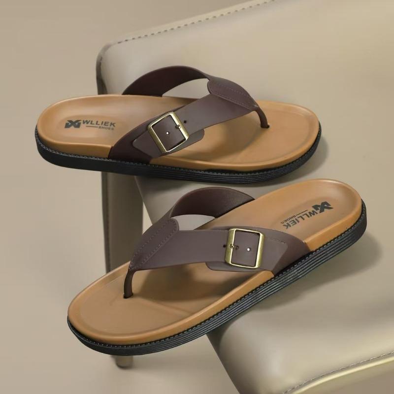 Men's Buckle Decor Flip Flops Non-slip Thick Sole Thong Sandals Casual Summer Beach Slippers