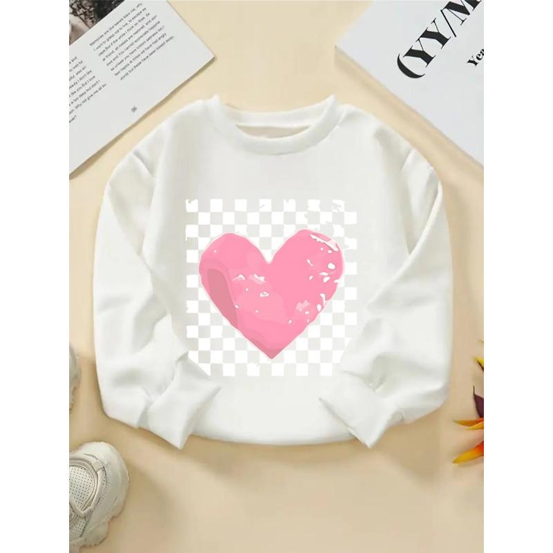 European sizes Kids' Crewneck Sweatshirt - Pink Heart On Checkered Background , Sportswear And Casual Wear, Soft And Comfortable, Children's Clothing
