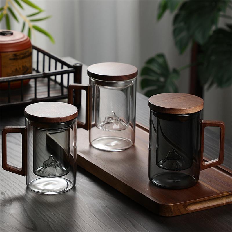 500ml Heat Resistant High Borosilicate Glass Tea Water Separation Tea Cup with Wooden Lid Handle Flower Tea Making Mug Water Cup