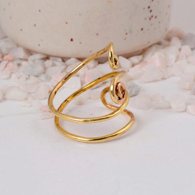 Wide Double-Coil Gold Spiral Ring: Bold, adjustable wire wrap jewelry with opposing scroll ends, perfect as a statement thumb or toe ring.