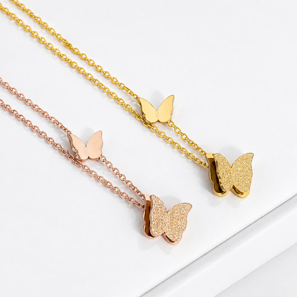 Huibao 3D Butterfly Pendant Necklace for Women Stainless Steel Gold Plated Frosted Wing Dainty Chain Fashion Jewelry