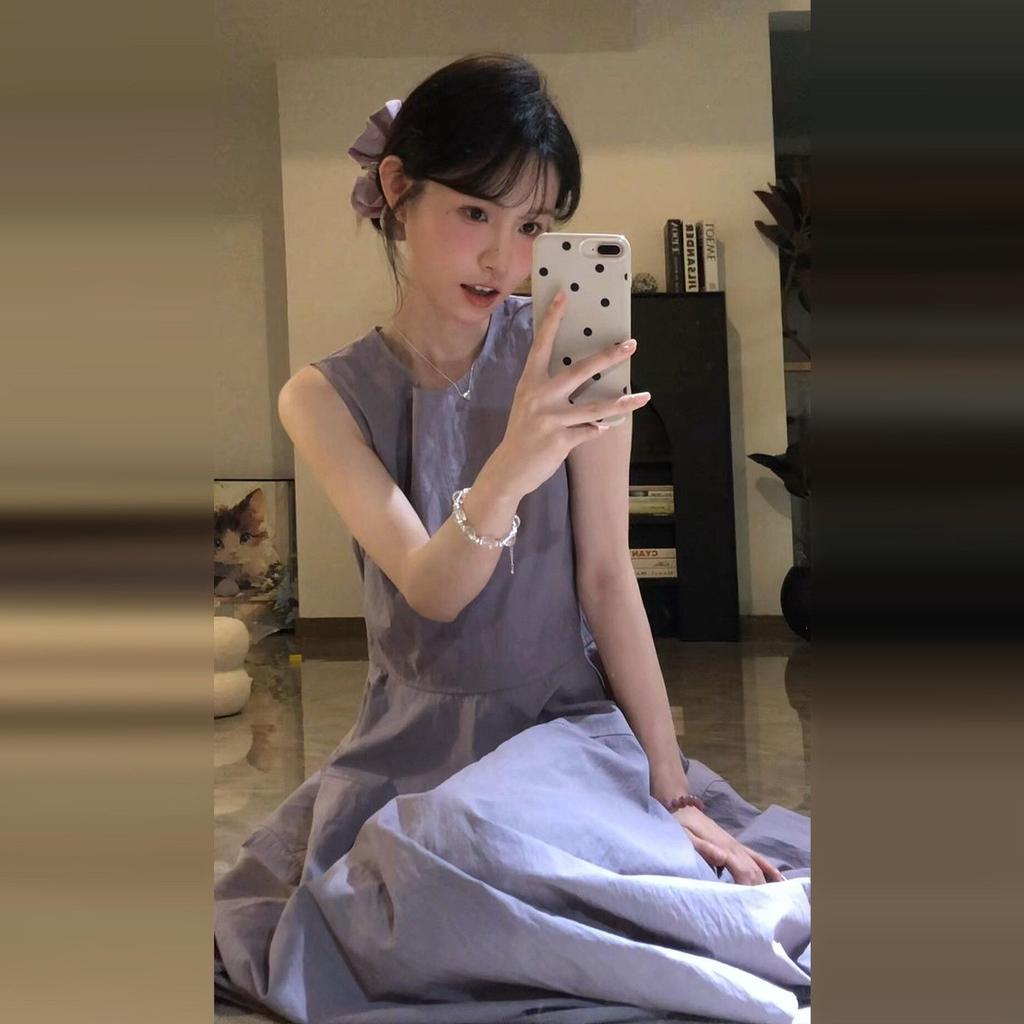 Gray Purple Sleeveless Vest Dress Women's Summer Atmosphere Seaside Vacation French Temperament Super Good-looking Long Skirt