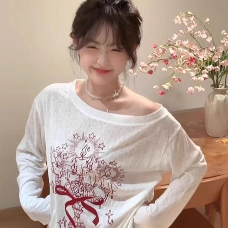 

White Graffiti Sloping Shoulder Long sleeves Shirt Sunscreen Cover up Women 2025 New Summer Thin Idle Style Loose Top White Quality Edition L