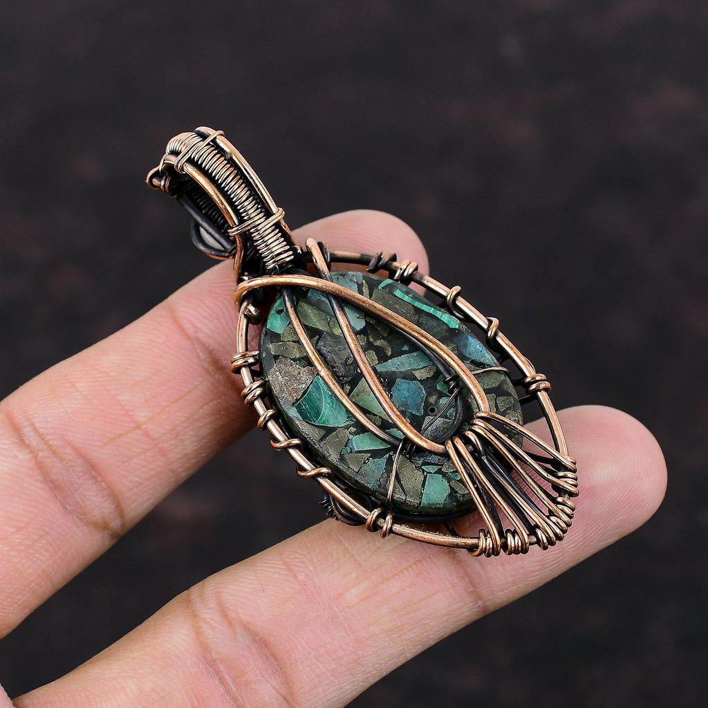 Copper Azurite Malachite Pendant Evil Eye Pendant Copper Wire Wrapped Rainbow Moonstone Pendant Gemstone Jewelry Handmade Brand New Pendant