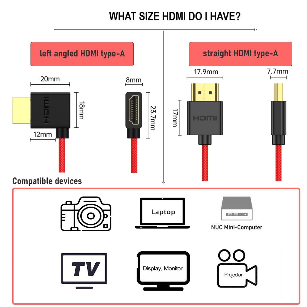 HangTon 8K 4K50 HDMI Braided Spiral Cable for ATOMOS Ninja V Sony Canon Lumix Left Angle To Straight Shinobi, FX30, R1, G9, GH6, Nikon, Blackmagic,