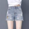 Women's Slimming High-Waist Ripped Denim Shorts - Summer 2025 Collection, Small Size, Raw Edge, Straight Leg Hot Pants