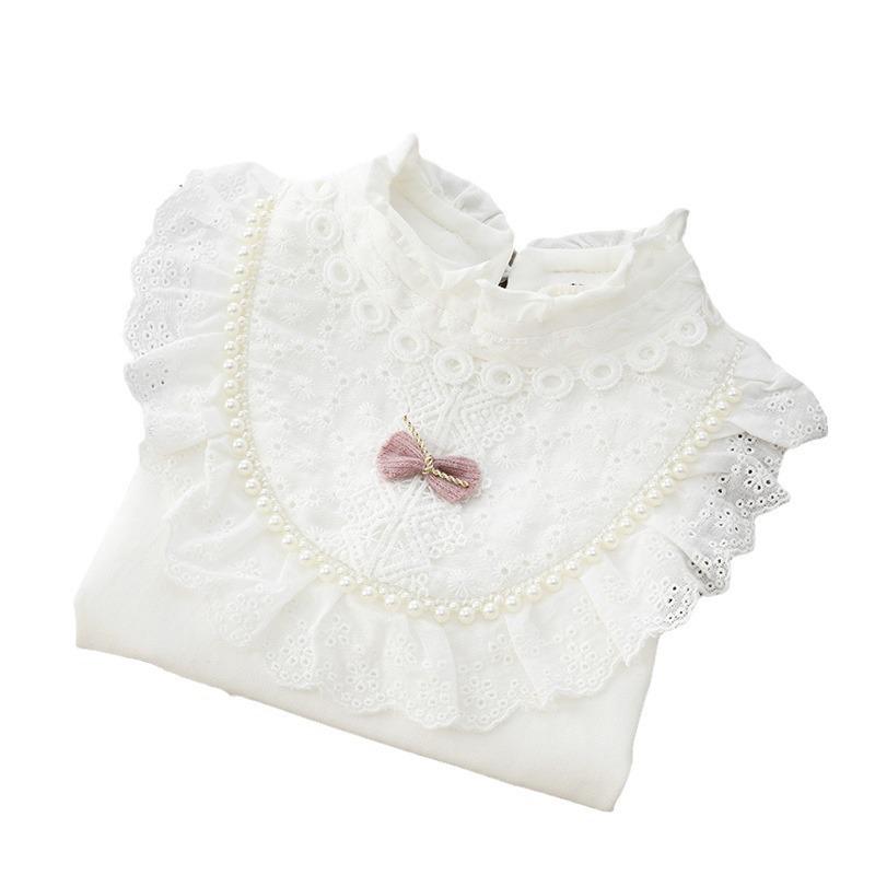 Girls' White Lace Trim T-shirt with Turn-down Collar - Autumn Style