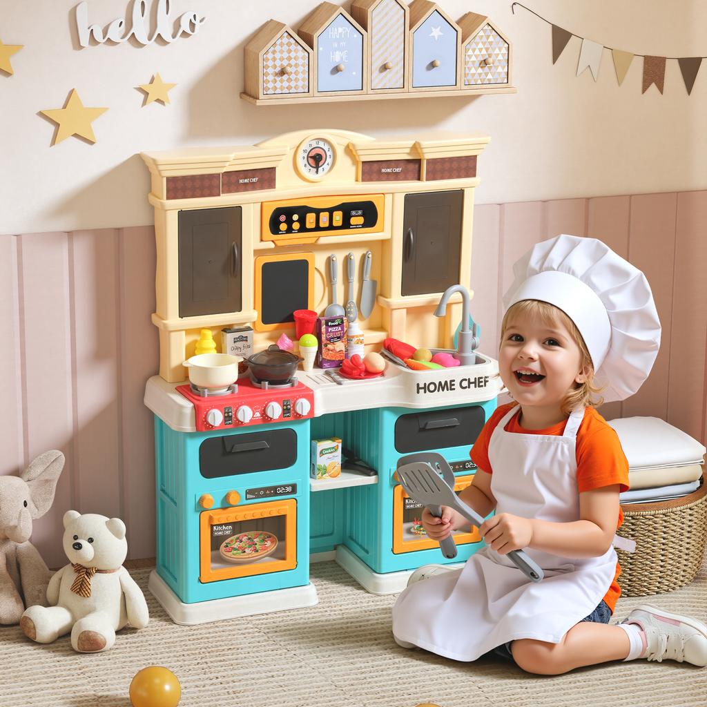 Cocina de Juguete con Agua Corriente, 85 Piezas de Accesorios, Grifo Eléctrico, Luces, Sonidos, para Niños de 3 a 6 Años, Plástico, Verde