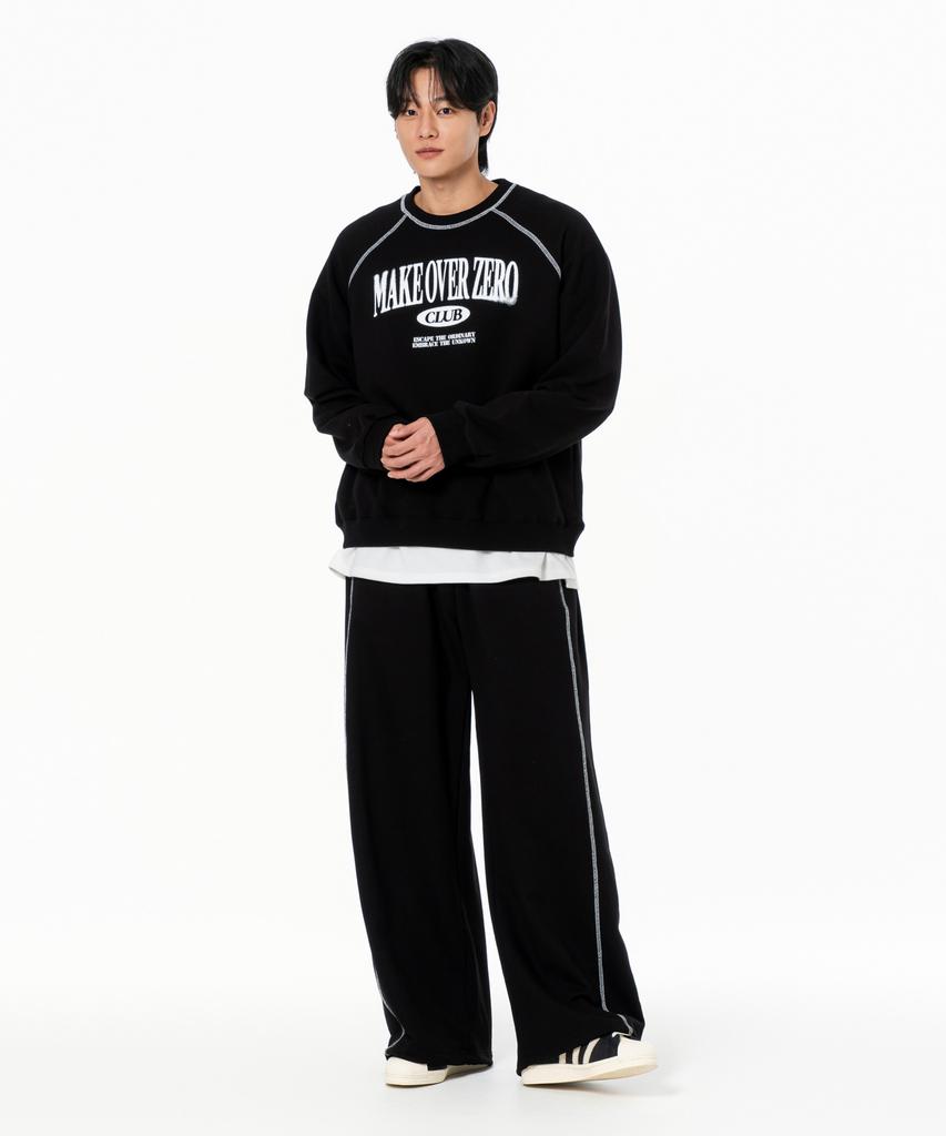 MOZMOZ [Set] Blurring Stitch Raglan Oversized Sweatshirt + Stitch Wide Training Pants Black