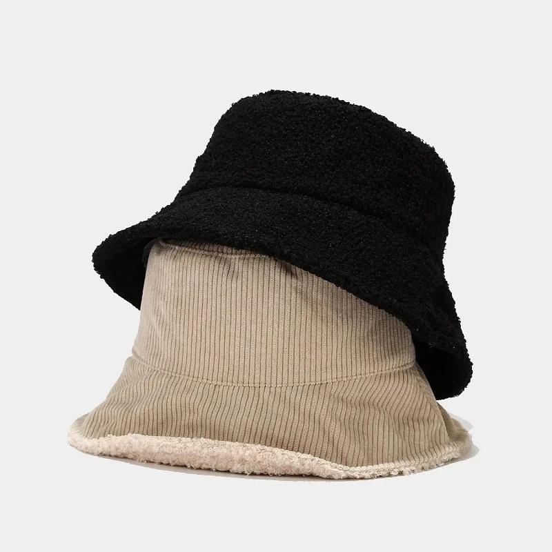 Female Warm Hats Solid Color Streetwear Warmer Folding Big Wide Visor Flat Hats New Plus Plush Corduroy Bucket Hats Accessories
