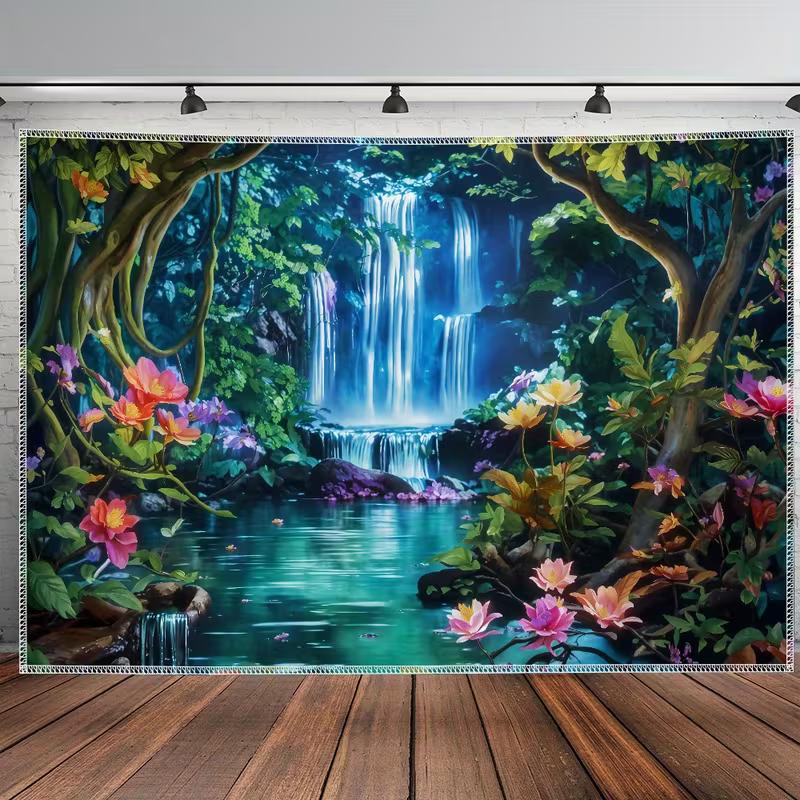 2D Mystical Jungle Waterfall Tapestry Enchanted Nature Wall Hanging