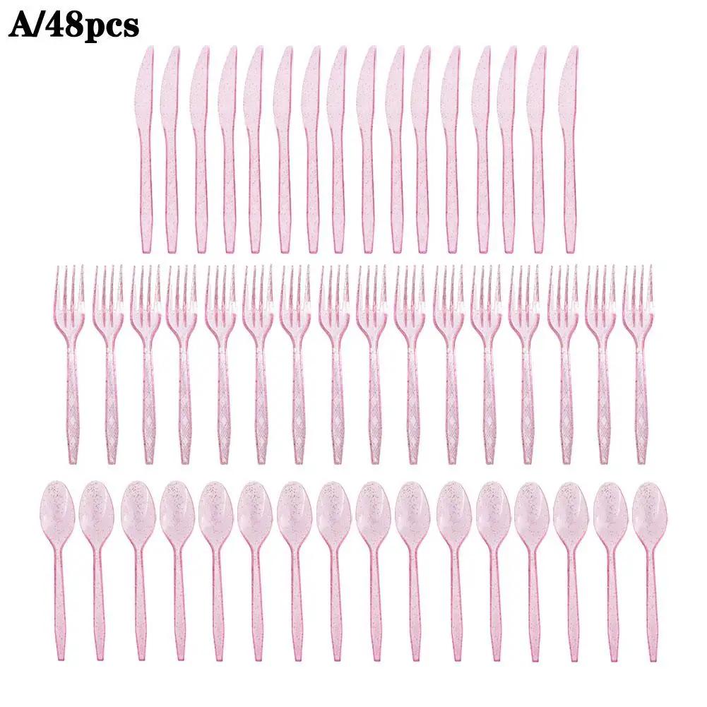 48pcs/Set Plastic Cutlery Spoons Forks Knife Flatware Reusable Tableware Disposable Plastic Tableware Knife, Fork And Spoon