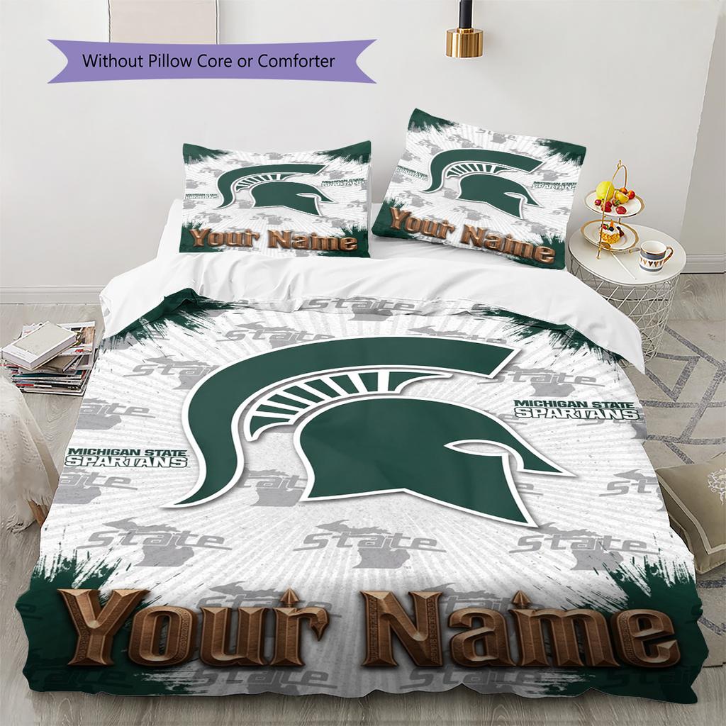 Name Custom Michigan State Spartans Pattern Bedding Set Quilt Cover Pillowcase Home Decor Gift (1 * Duvet Cover + 2 * Pillowcase, Without Core)