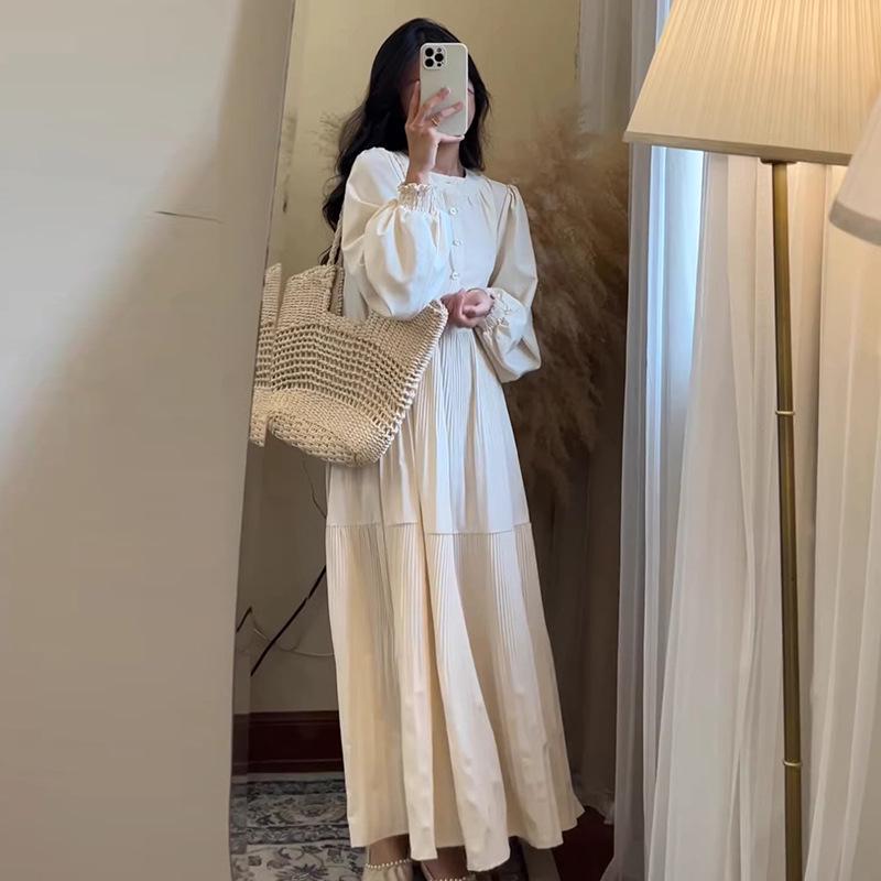 2026 Korean Style Spring Pleated Round Neck Maternity Dress M