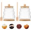 2pcs 15oz Glass Honey Jar with Dipper, Honey Pot with Dipper and Lid Jam Container Set,Wood Base and Lid Syrup Dispenser for Chocolate Syrup