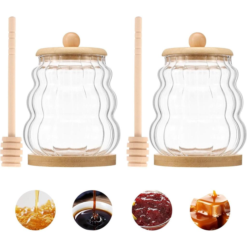 2pcs 15oz Glass Honey Jar with Dipper, Honey Pot with Dipper and Lid Jam Container Set,Wood Base and Lid Syrup Dispenser for Chocolate Syrup