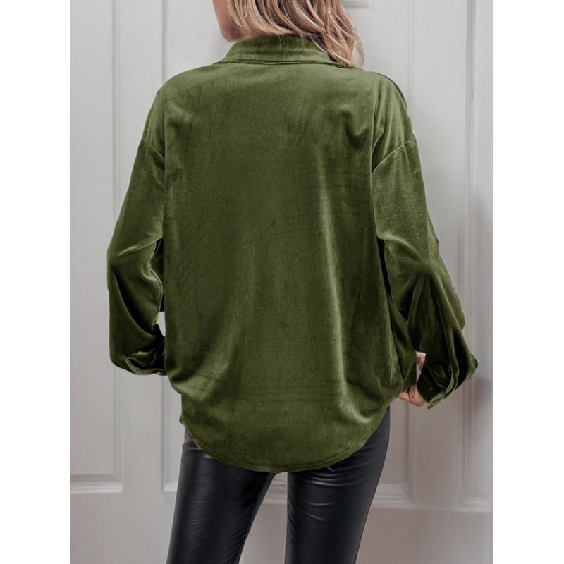 YYFS Damenmode, lässig, Frühling und Herbst, einfarbig, langärmelig, Polo-Ausschnitt, Blusen und Hemden