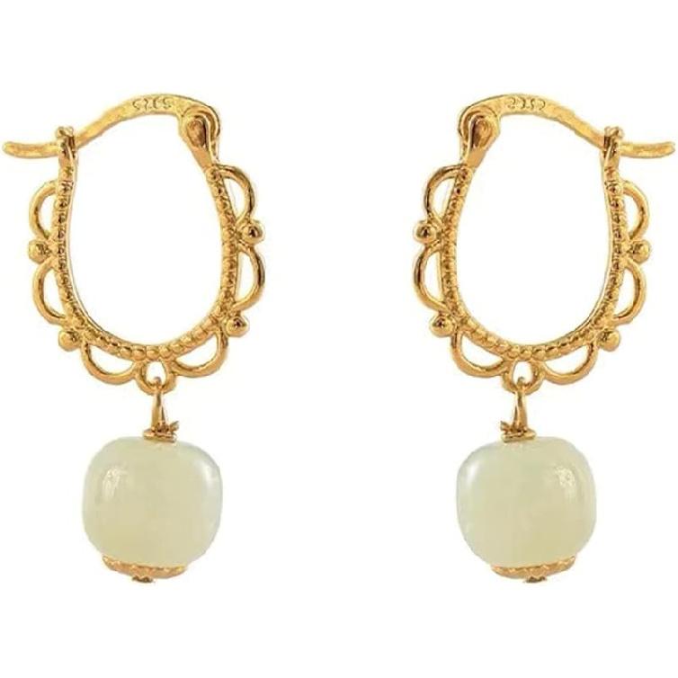 Нефритовые серьги для женщин Зеленый Хэтяньский нефрит Серьги-подвески Золотые серьги-капли с драгоценными камнями для женщин Ювелирный подарок на День матери, свадьбу, годовщину C