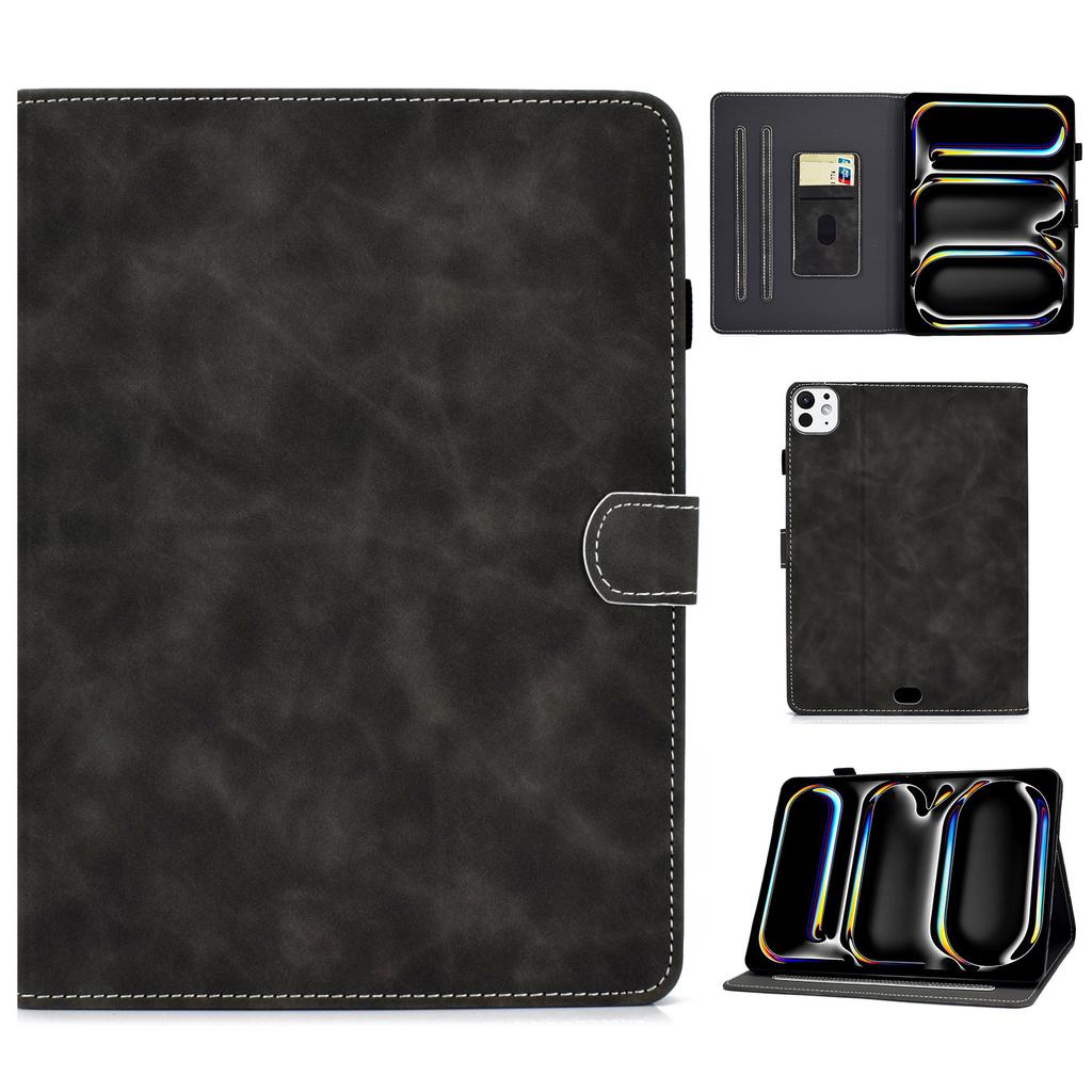 For iPad Pro 11 (2024) Cowhide Texture PU Leather Stand Tablet Case Card Holder Cover with Pen Holder Loop